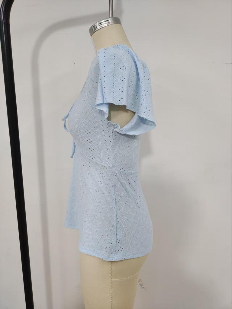 2026 Summer European & American V-Neck Drawstring Short-Sleeve Plain T-shirt for Women