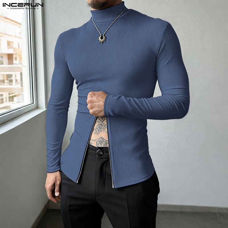 INCERUN Spring Men Turtleneck Long Sleeve Fitted Pullover Tops Undershirts