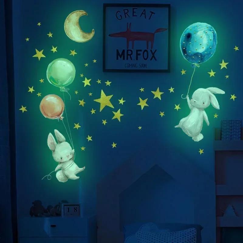 Luminous Rabbit Balloon Stars Wall Sticker For Kids Baby Room Home Decor Wallpaper Girls Bedroom Glow In The Dark Bunny Sticker