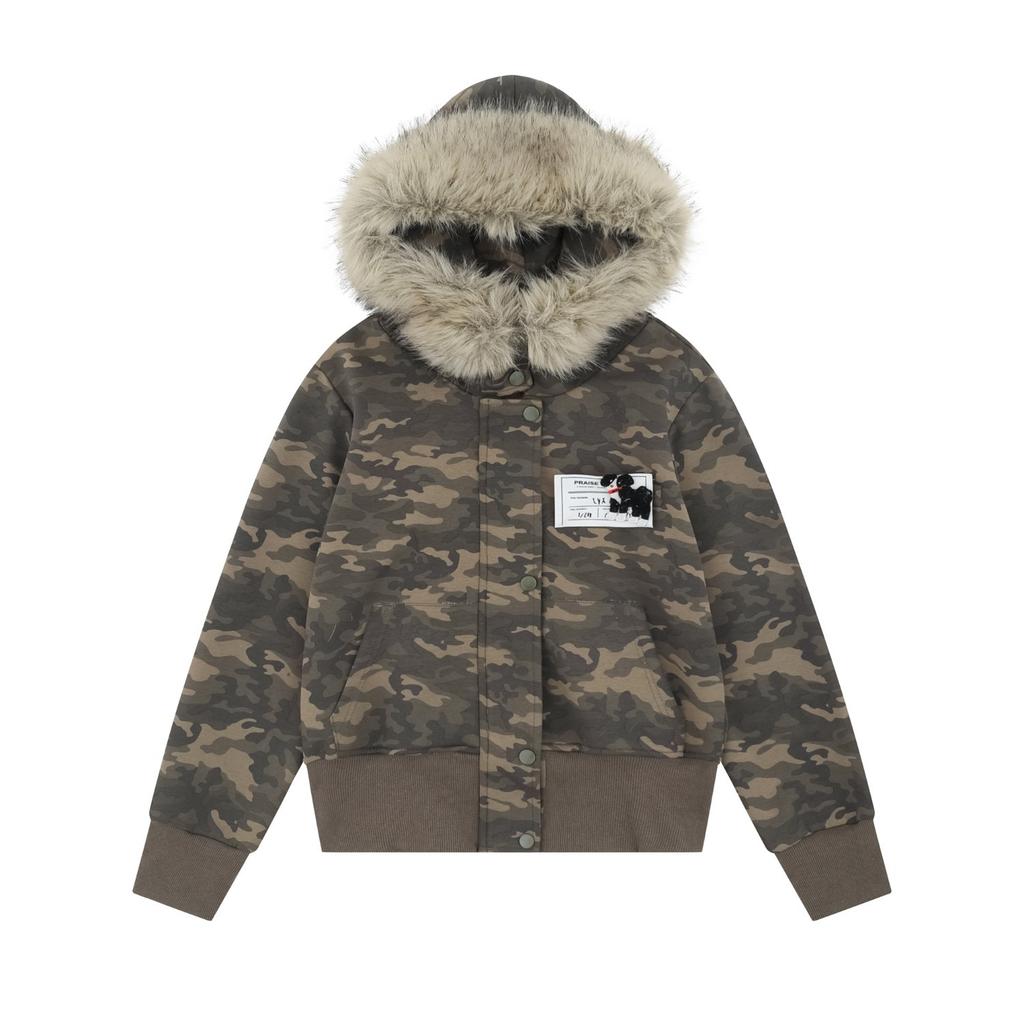 Neue Amerikanische Camouflage Abnehmbarer Pelzkragen Kapuzenjacke Damen Herbst und Winter Neuer Street Style Kurzer Mantel