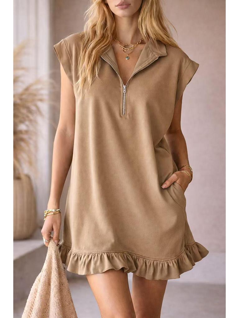2026 Spring/Summer Women's Sleeveless Zipper V-Neck Ruffle A-Line Dress with Double Pockets