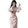 2026 Pink Qipao: Elegant Long Sleeve Winter Slimming Dress with Waist-Cinching Plus-Velvet.