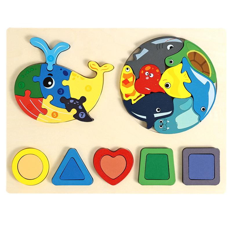 Cpc Drei-in-Eins Dreidimensionales Puzzle, Kinder Früherziehung Geometrische Form Tiererkennung Puzzle Holzspielzeug