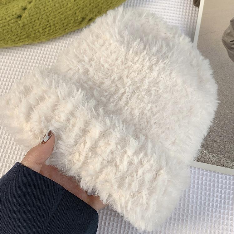 White Plush Hat Female Autumn and Winter Furry Face Small Winter Warm Confinement Wool Fisherman Knitted Cold Hat