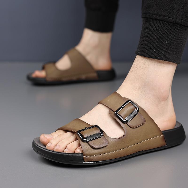 Slippers for Men 2025New Summer Casual Beach Shoes High Quality Cowhide Leather Slippers for Men Comfort Non Slip Flat Slippers