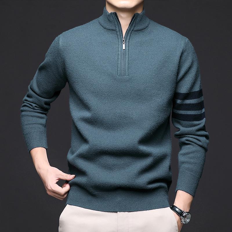 Manzibo Men's Half-Zip Jacquard Knit Stand Collar Sweater - Breathable Casual Autumn/Winter Pullover