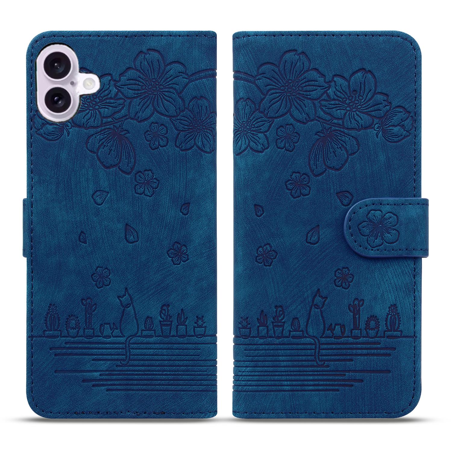 

For iPhone 17 Case Cherry Blossom Cat Imprinted Leather Phone Cover with Wrist Strap Blue