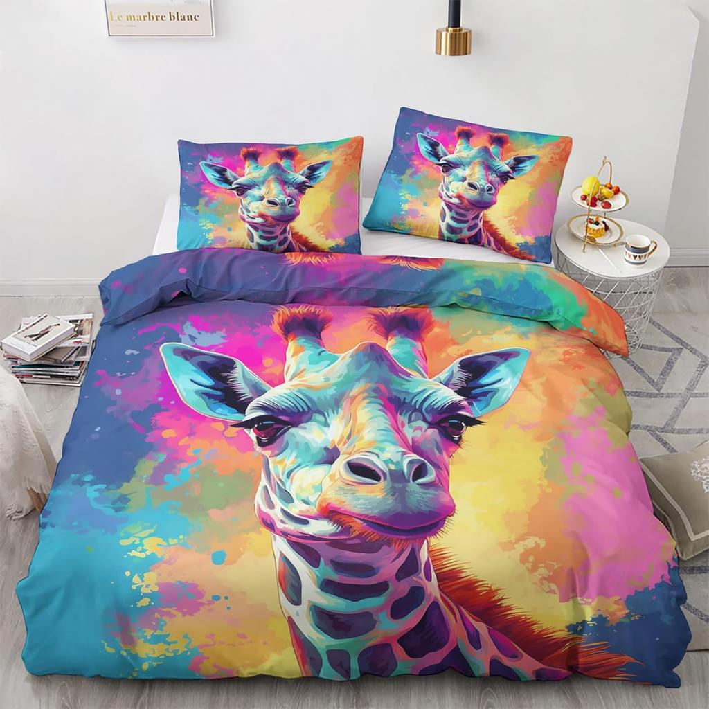 Funny Giraffe Duvet Cover King 3 Piece Colorful Animals Bedding Set, Soft Microfiber Graffiti Quilt Cover Set with Pillowcases