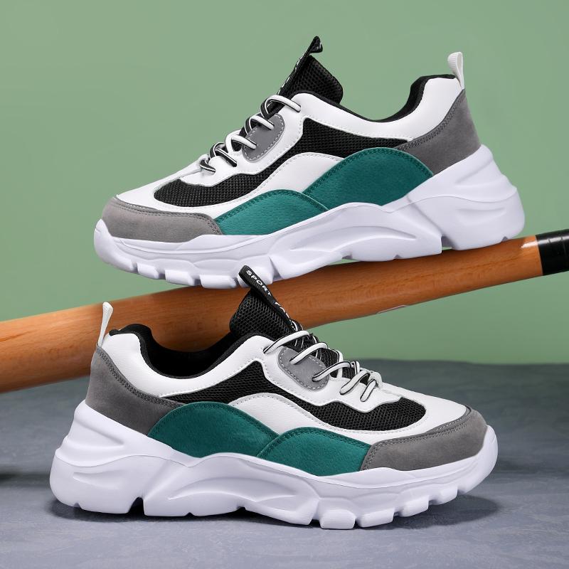 2025 Chunky Sneakers Men Mesh Leather Platform Shoes Mixed Colors Lace-Up Lady Trendy Trainers Thick Sole Men Casual Shoes