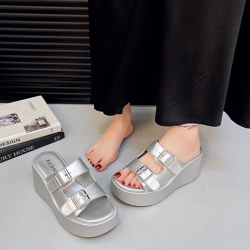 Super high heel slope heel cool slippers spring new fashion belt buckle simple style small person height wear sandals
