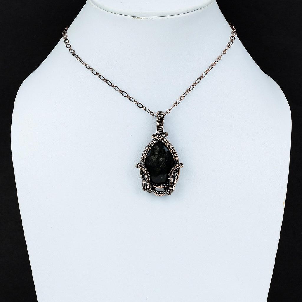Silver Sheen Obsidian Pendant Copper Wire Wrapped Pendant Unique Pendant Gemstone Copper Jewelry Handmade Pendant Boho Jewelry Gift For Him