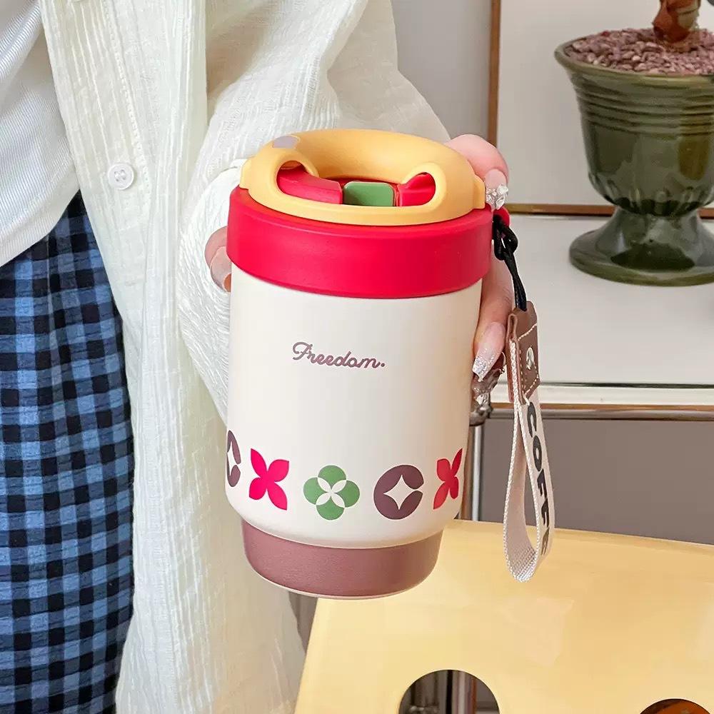 

New Portable Double Drink Coffee Cup with Lifting Rope High Value Straw Cup Ceramic Inner Tank Gift Thermos Cup 500ml