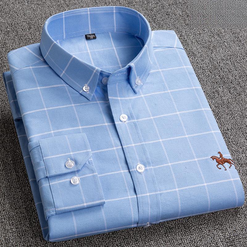 New Pure Cotton Solid Color Embroidered Men S Shirt Business Long-Sleeve Button-Up Shirt All-Cotton Washable Oxford Fabric Shirt S