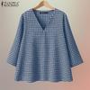 ZANZEA Women Casual V-Neck 3/4 Sleeve Loose Plaid Print Blouse