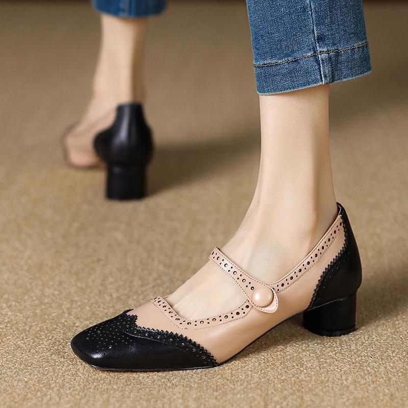 2024 New Size 34-40 Genuine Leather Shoes Woman Mary Jeans High Heel Pumps Square Toe Fashion Office Dress Shoes Ladies Footwear