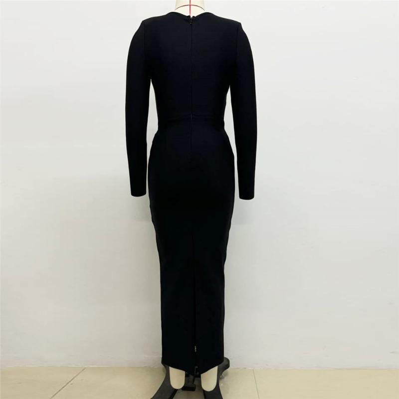 New long-sleeved bandage dress temperament long dress fashion dress heavy industry diamond women's temperament