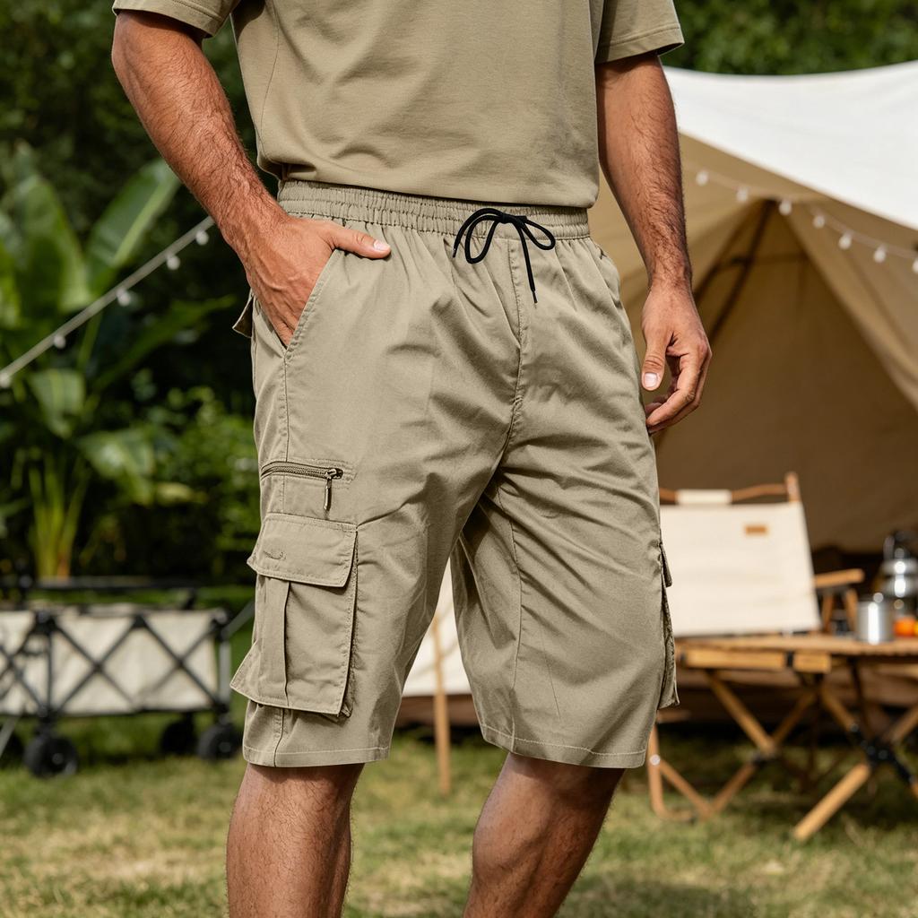 Herren Freizeit Locker Sitzende Mehrere Taschen Cargo-Shorts Elastischer Bund Kordelzug Outdoor Arbeitskleidung Shorts für den Sommer