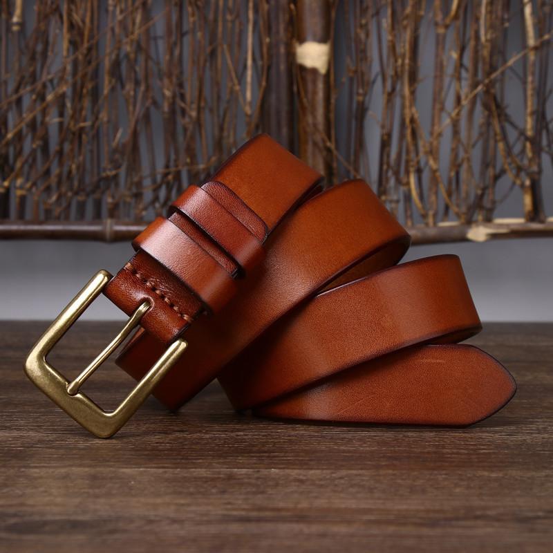 Belt Men's Wide Pure Brass Buckle Leather Pin Buckle First Layer Pure Cattlehide Stylish Simple and Versatile Casual Pants Belt