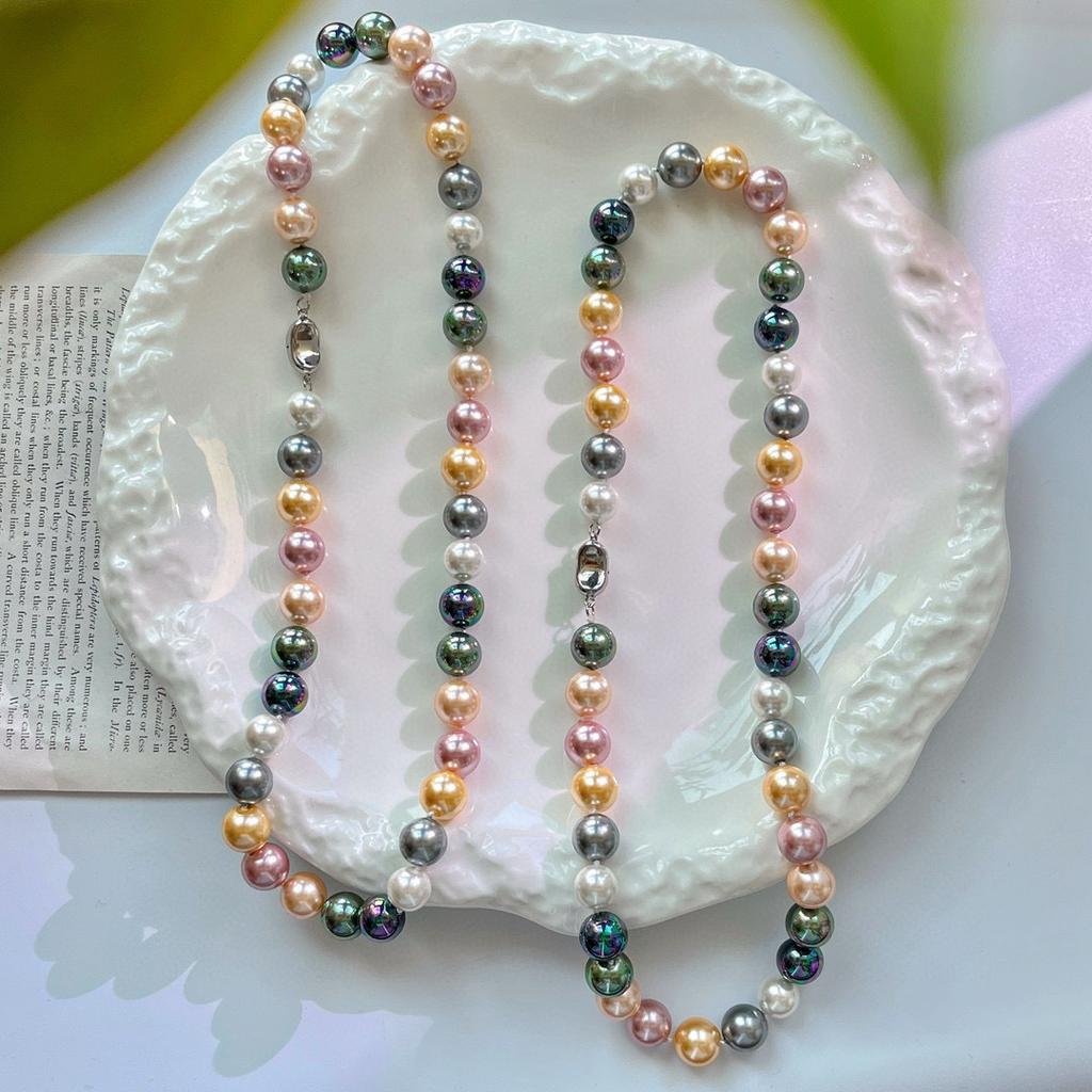 Traditional Chinese style, retro, large beads10mm Perfectly round, Morandi-colored artificial crystal pearl clavicle chain necklace