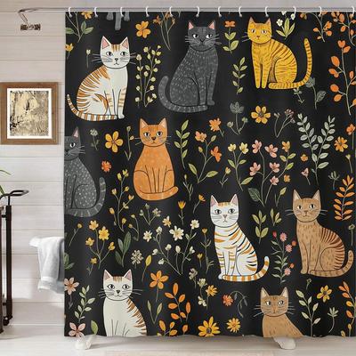 Cute Cat Shower Curtain, Funny Animal Cartoon Cat Floral Wildflower Black Fabric Shower Curtains Set for Bathroom Decorative