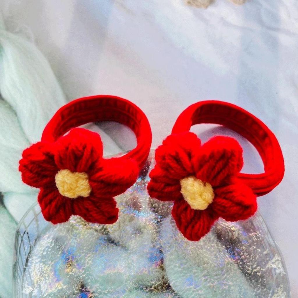 Festive Red Flower Knitted Wool Hair Scrunchie for Girls - Cute and Fashionable New Year Accessory