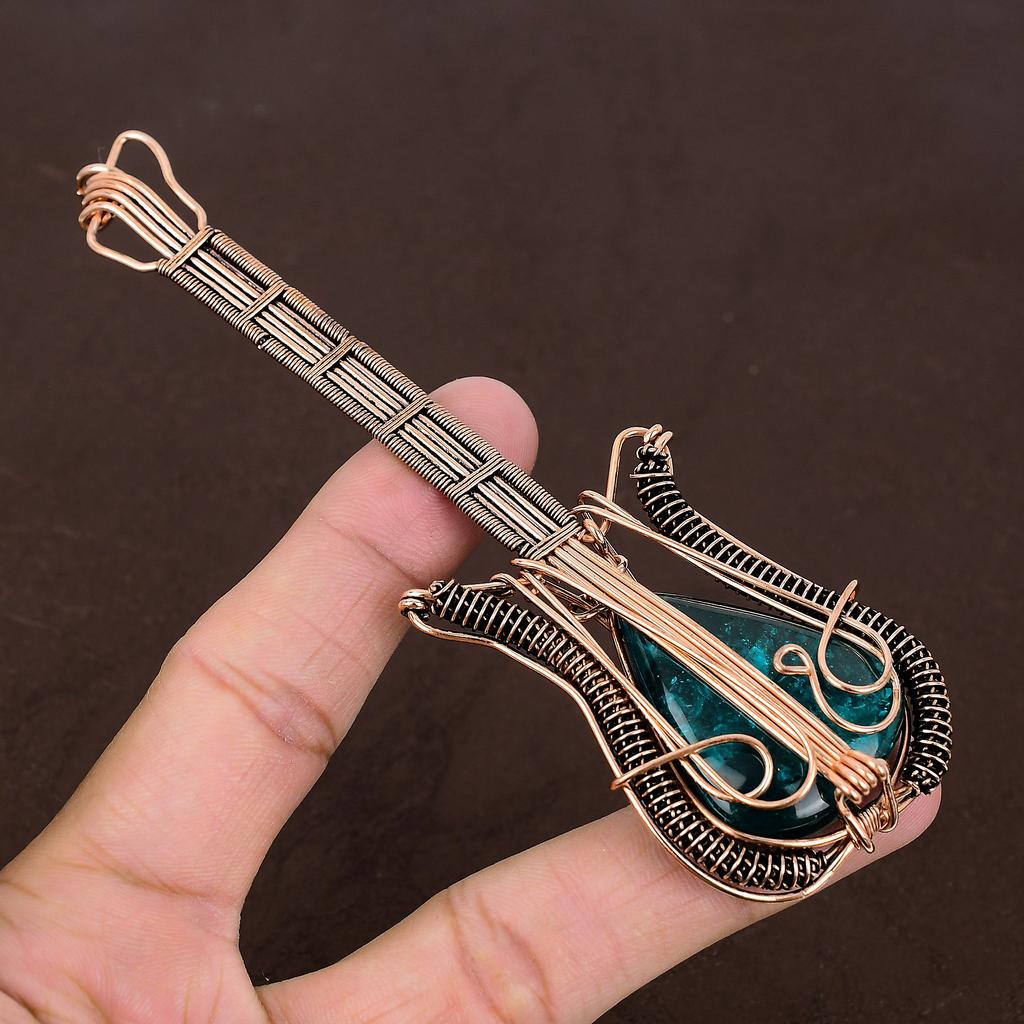 Natural Blue Baltic Amber Gemstone Copper Wire Wrap Guitar Pendant 4.53" y2s87