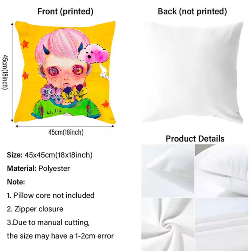 H-Hikari Shimoda IllustrationS Cushion Cover Reversible Plush Pillow Cover – For car, sofa, bedroom, perfect as a gift.