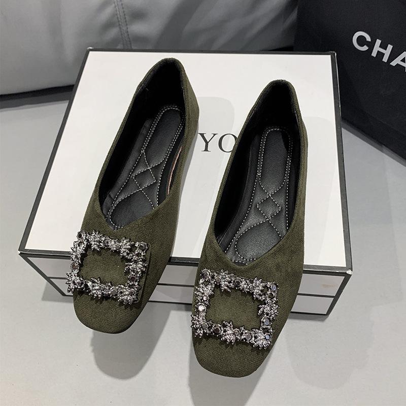 

Туфли со стразами весна и осень квадратный носок мелкий вырез плоская подошва удобные одинарные туфли женские 43 зелёный