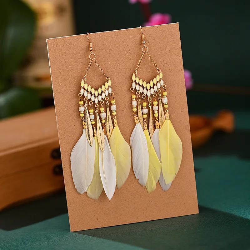 Bohemian Ethnic Feather Dangle Earrings For Women Trendy Long Tassel Colorful Beads Drop Earrings Girl Female Boho Jewelry