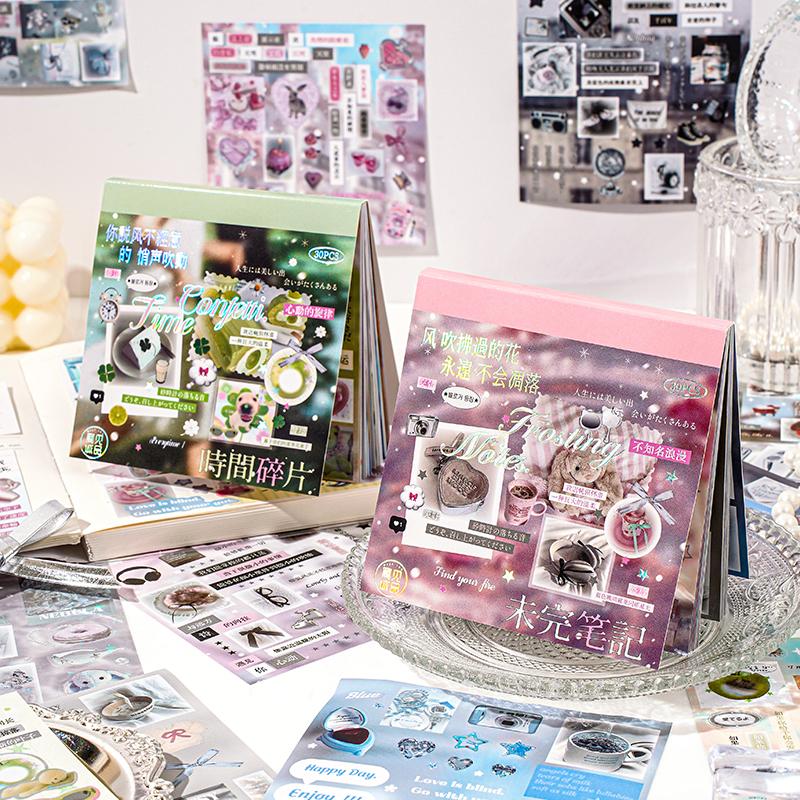 30 Sheets Cute Die-Cut Sticker Book Hand Account Decoration Scrapbooking Decals for Junk Journals DIY Crafting