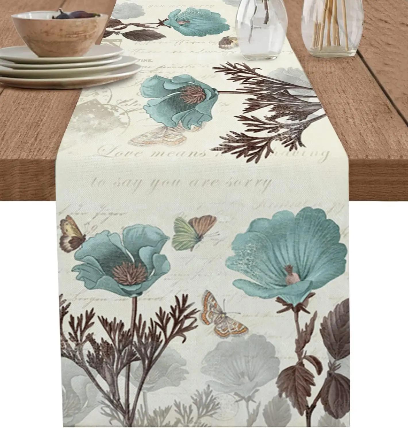 Chemins de table en lin motif tulipes sarcelle vintage, chemins de table floraux d'été style ferme rustique pour cuisine, salle à manger, décoration de mariage 150x33cm
