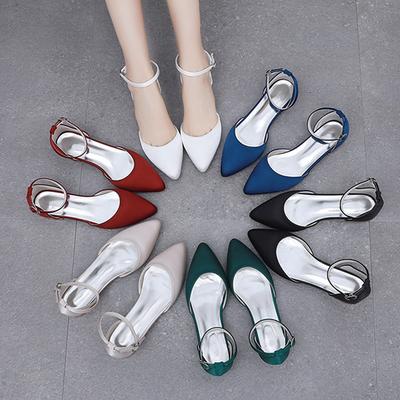 2 Cm Flat Heel Casual Pointed Toe Hollow Sandals Low Heel Light Mouth White Satin One-button Buckle Bride Wedding Shoes for Women