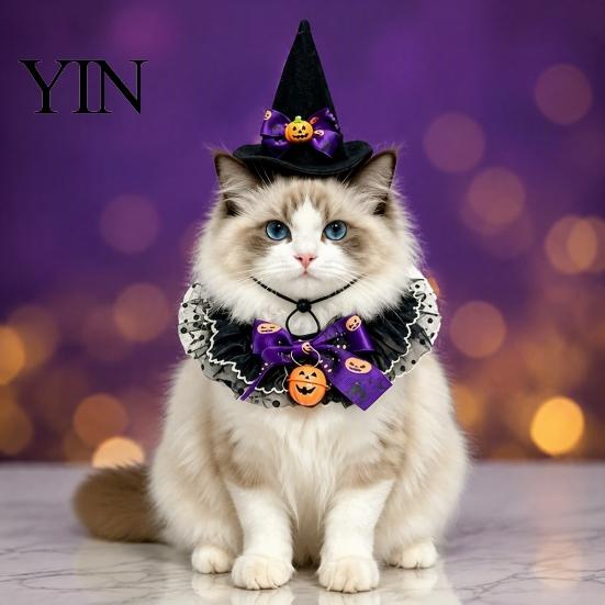 Cat Pumpkin Outfit 1 Set Halloween Costume, Wizard Hat And Lace Bandana, Ruffled Bib Pet Photo Prop with Bow Bell, Holiday Party for Small Dogs, Cats