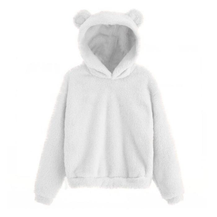 Winter Korean Fashion Bear Ears Cute Loose Hoodie Fluffy Hooded Warm Sweatshirt Long Sleeve Top Solid Pullover Clothes For Women
