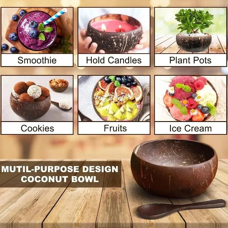 6/1PCS Natural Coconut Bowl Set Wooden Salad Ramen Bowl Coconut Wood Spoon Set Coco Smoothie Kitchen Tableware Coconut Bowl