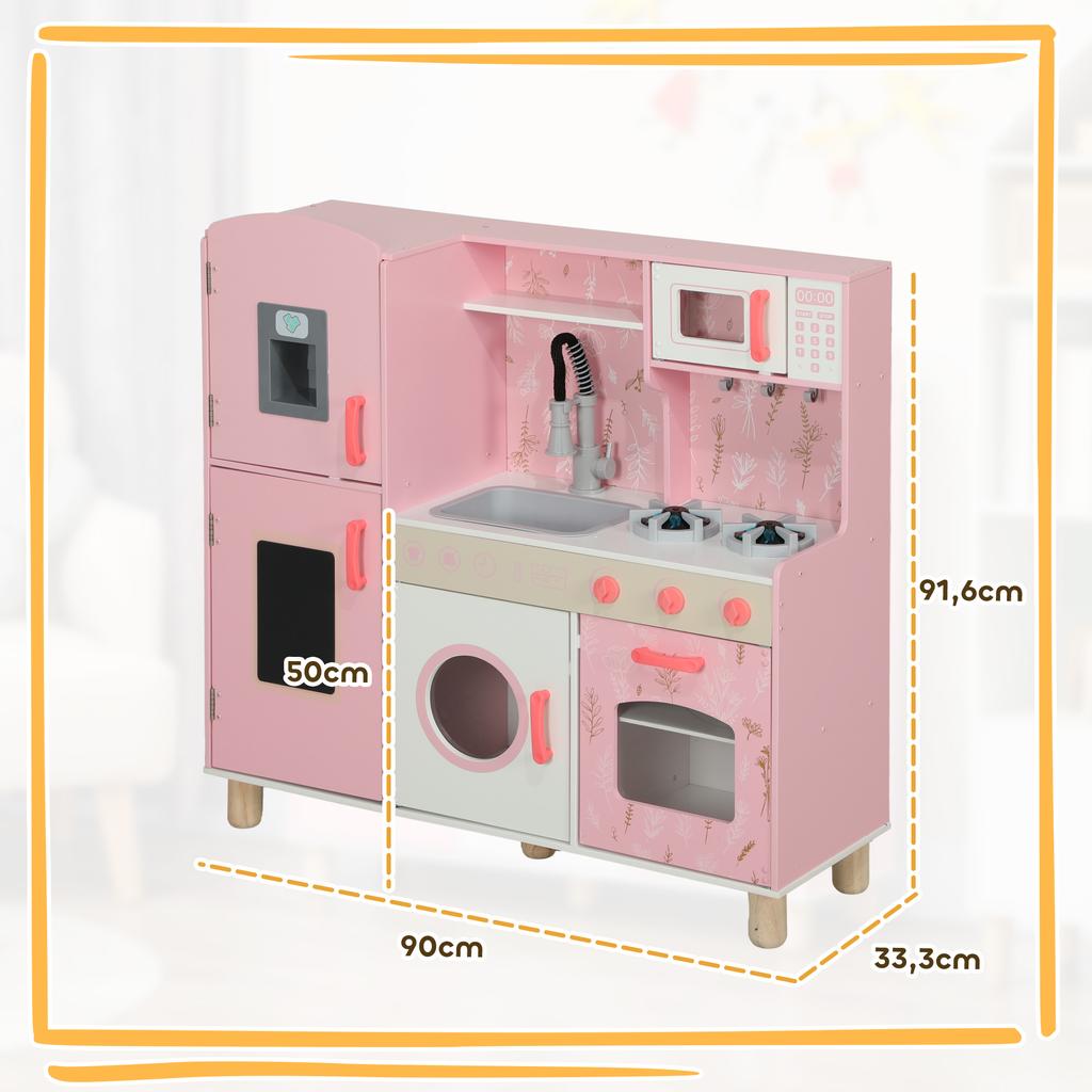 Children's Kitchen, Ice Cubes, Microwave, Oven, Hob, Sink, Washer, 90 x 33.3 x 91.6 cm, Pink