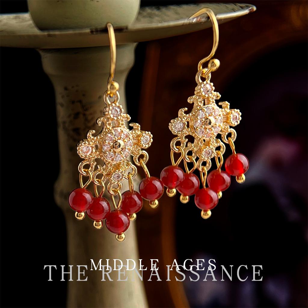 Medieval iris flower zircon agate fringed earrings retro literary earrings