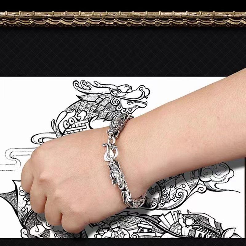 Men's Retro Thai Dragon Bracelet - Distressed Silver, Dragon Head & Bone Chain, Hip-Hop Style