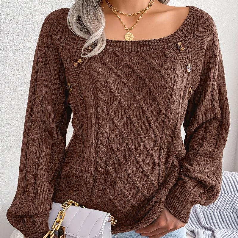 

Осень и зима повседневный квадратный вырез пуговицы пуловер свитера женские модные переплетения винтажный вязаный свитер женский элегантный свободный трикотаж джемперы 25317 L темно-коричневого