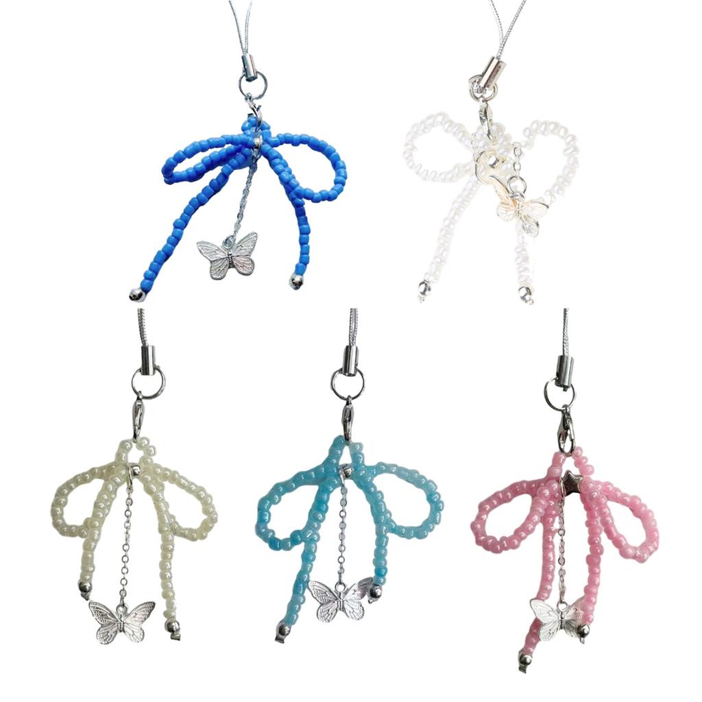 Sweet Beaded Bowknot Butterfly Charm Pendant Phone Strap Pocket Keychain Strap Hanging Decoration for Key Bag Purse