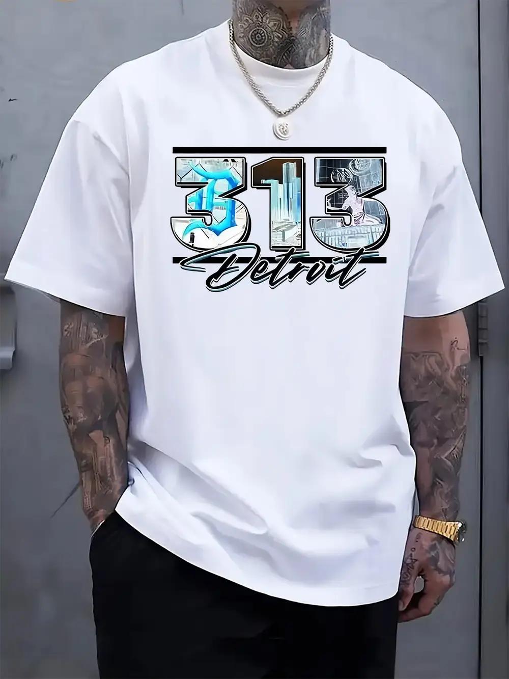 

313 Detroit Graphic Tee - Black Casual Crew Neck Short Sleeve T-shirt with Cityscape Design XXXL