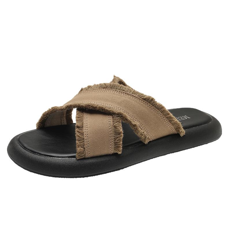 

Soft-bottomed cool slippers women s summer new cross denim open-toed flat-bottomed Roman fairy wind one-word 40