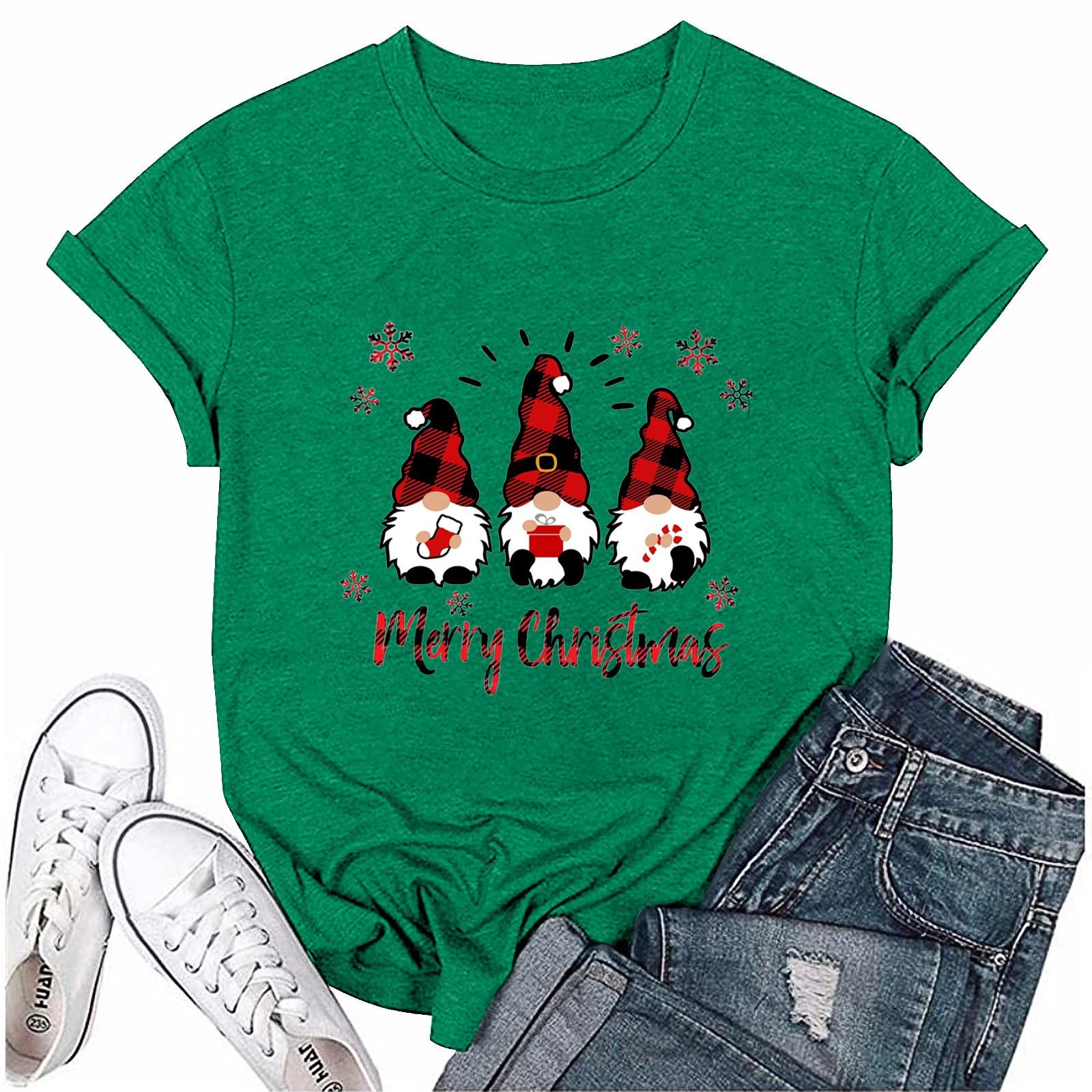 

Женский повседневный рождественский принт с короткими рукавами и круглым вырезом, свободный пуловер, топ L армия зеленый