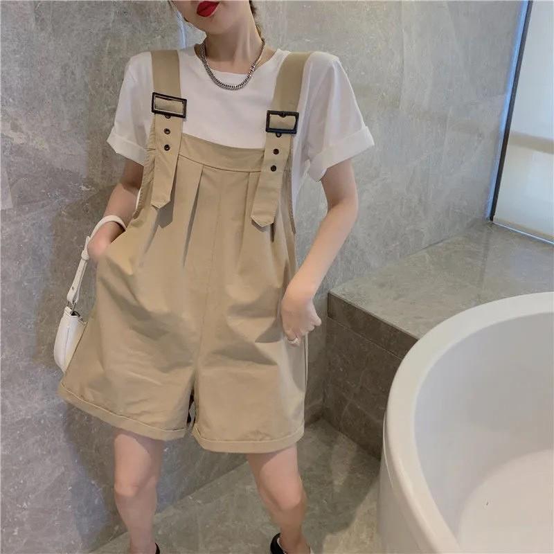 Green Plus Size Petite Cotton Workwear Overalls Shorts for Women - Summer High Waist, Loose Wide-Leg Style 