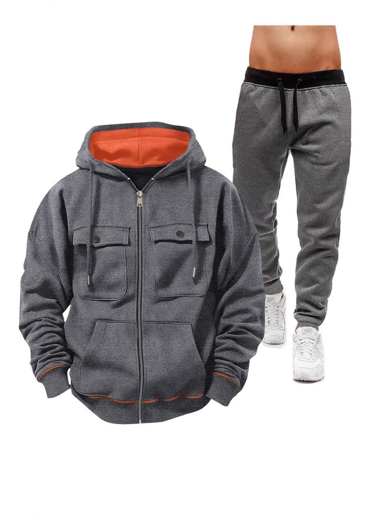 Men's European Size Hooded Sweatshirt Set: Zip-Up Fleece-Lined Jacket with Double Pockets for Sports and Casual Wear.