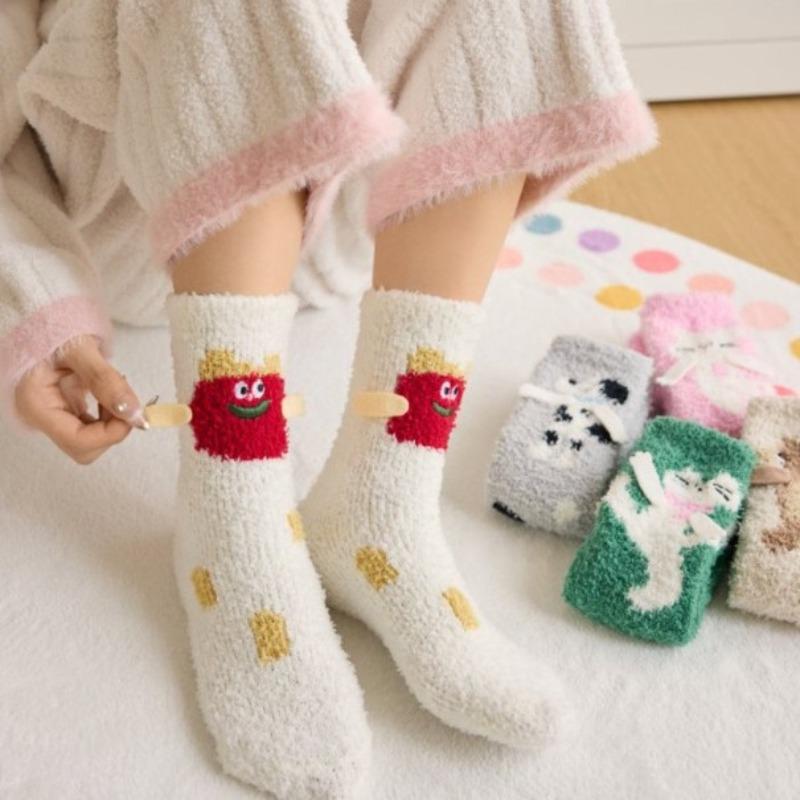 Autumn and Winter Coral Fleece Socks, Women's Cartoon Socks, Half-fleece Thickened Home Floor Socks, Sleeping Socks, Mid-calf Women's Socks