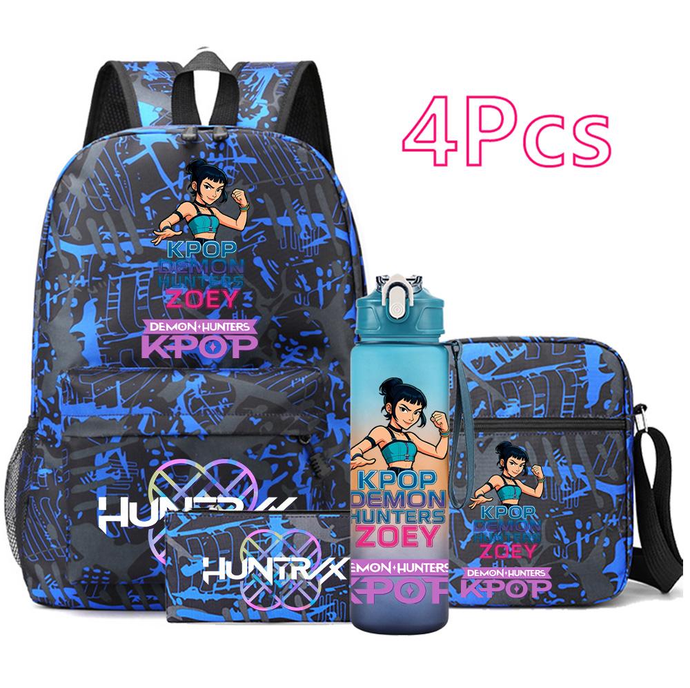 4Pcs/set Anime Demon Hunters Printed Backpack Bookbag Shoulder Bag Case Bag with 750Ml Water Bottler for Boy Girl Large Capacity Schoolbag