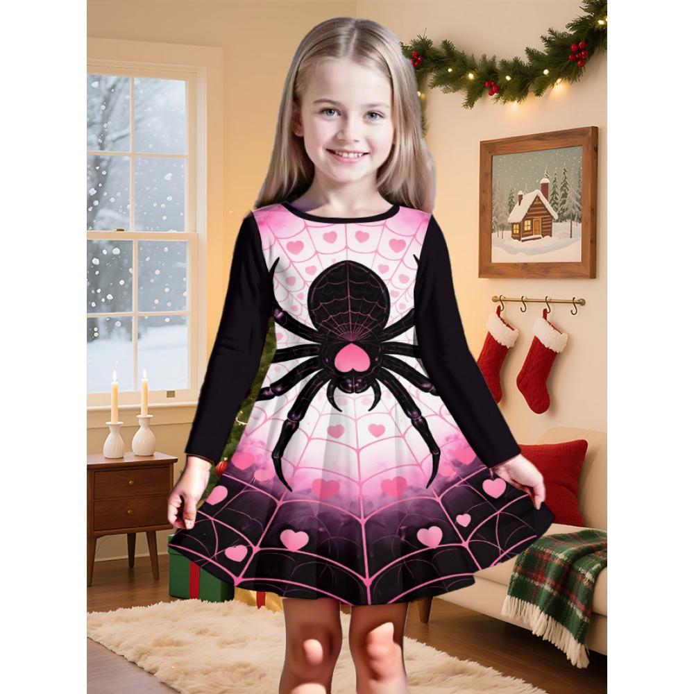 Girls' 3D Pink Spider Dress Long Sleeve Summer Spring Vacation Daily Holiday Princess Beautiful Sweet Kids 4-12 Years Casual Dress A Line Dress