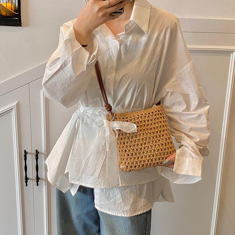 Simple Solid Color Woven Women Casual Shoulder Crossbody Bag With Pendant For Casual Beach Vacation And Daily Use