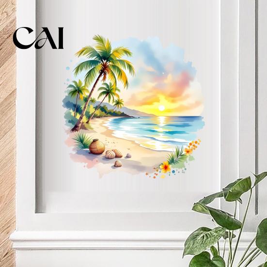 Tropical Landscape Wall Decor Sunset Palm Tree Seaside Decal, Watercolor Summer Beach Sticker, Art Coconut for Kids Bedroom Nursery Home Decorative